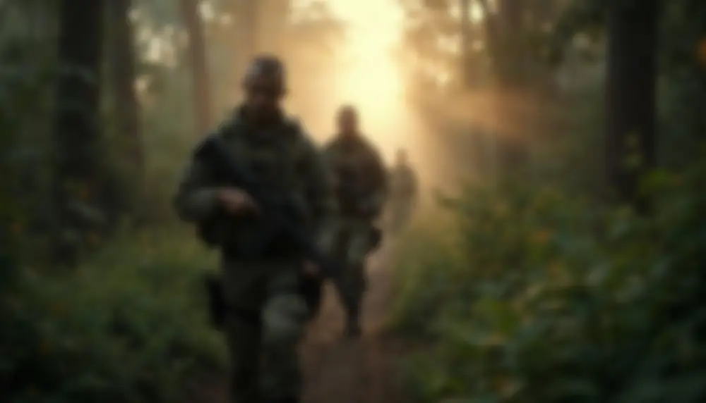 Soldats du 3e REI en patrouille dans la jungle dense de Guyane, progressant au cœur de la forêt équatoriale.