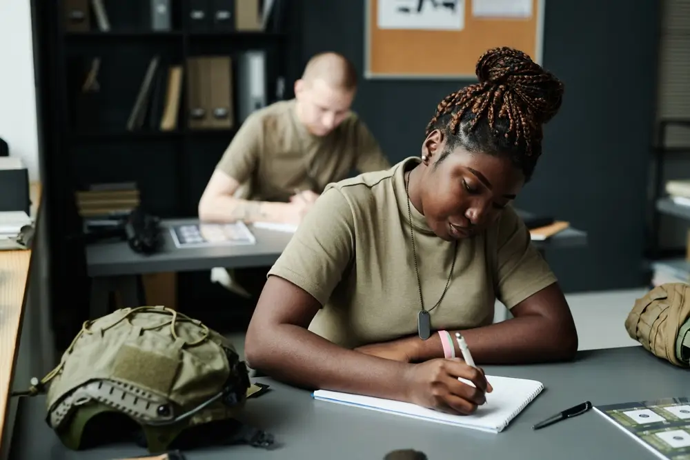Salle de classe militaire avec soldats en uniforme suivant une formation