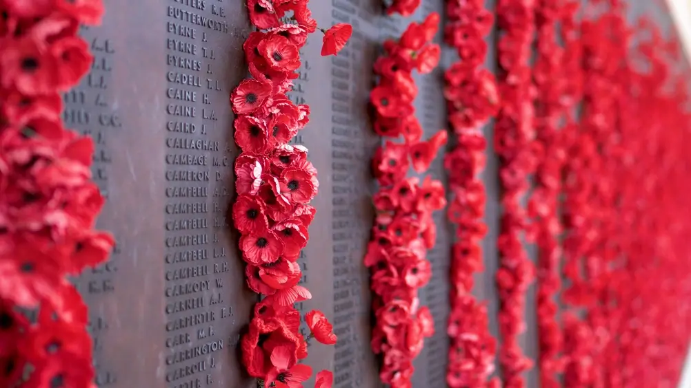 Mur commémoratif militaire gravé de noms et décoré de coquelicots rouges en hommage aux soldats de la Légion.